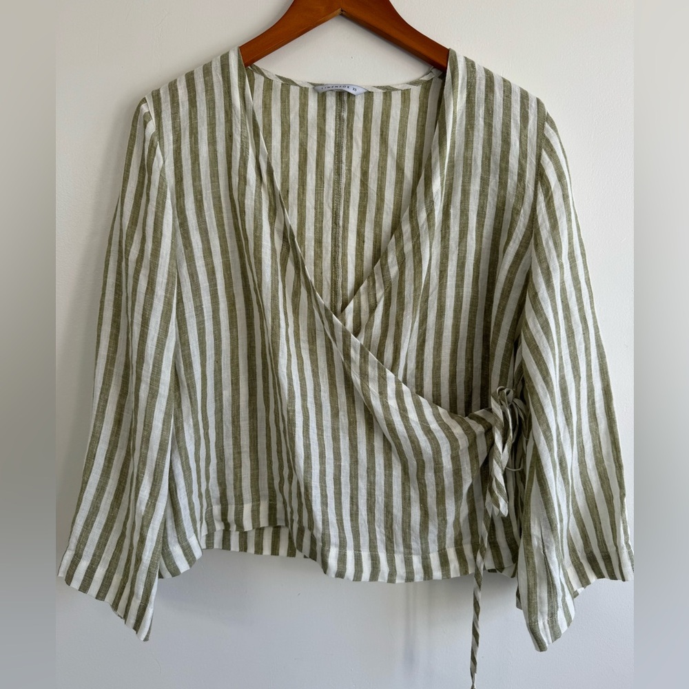 Linenfox Georgia Linen Striped Wrap Top - Size XS - Color- Olive & white stripe